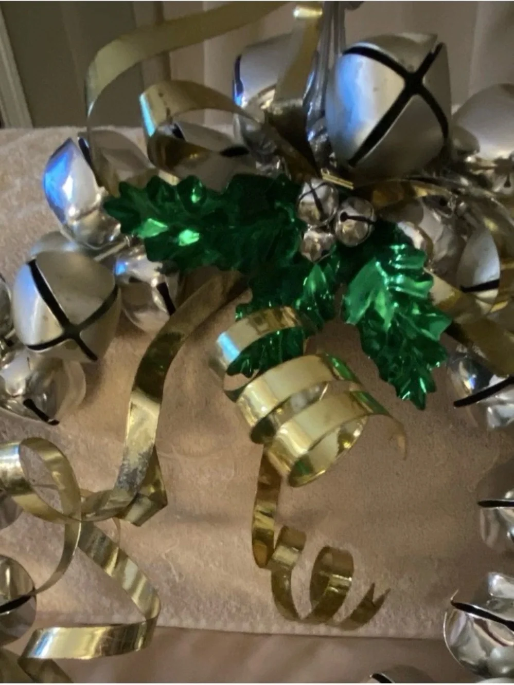 Silver Jingle Bell Holiday Wreath with Gold Ribbon